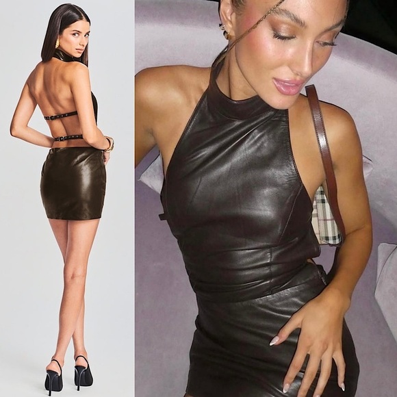 NWT RETROFETE Leather Halter Neck Sleeveless Buckle Strap Open Back Mini Dress S - Picture 3 of 8
